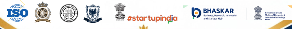 Marks supplied by MIDG Academy: ISO, Startup India, Bhaskar (MeitY) and other registration badges